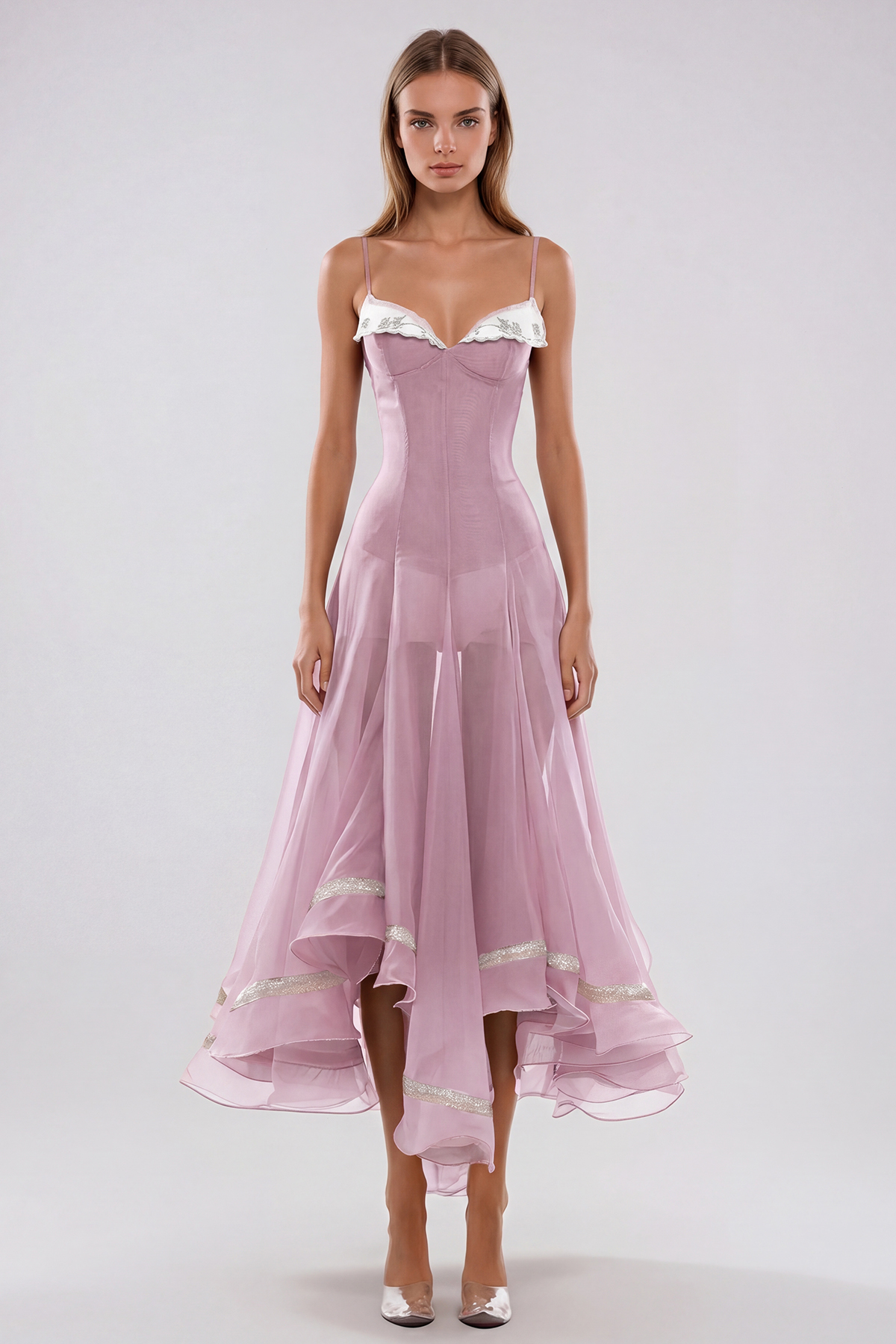 Fiacre Spaghetti Mesh Ruffle Maxi Dress In Pink
