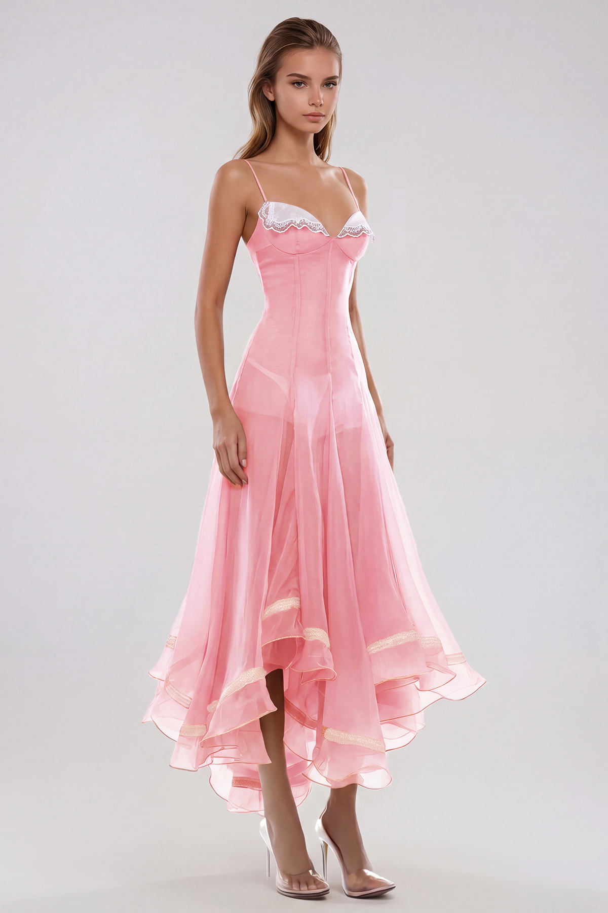 Fiacre Spaghetti Mesh Ruffle Maxi Dress In Pink