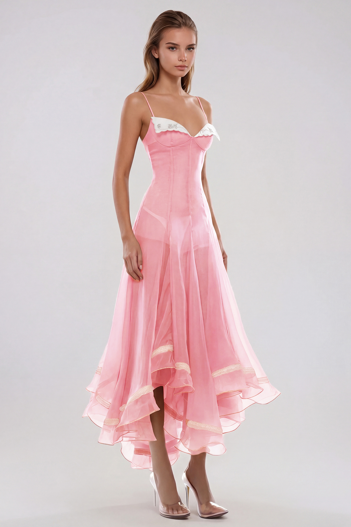 Fiacre Spaghetti Mesh Ruffle Maxi Dress In Pink