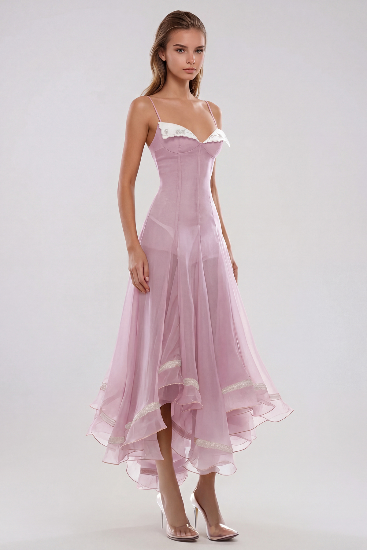 Fiacre Spaghetti Mesh Ruffle Maxi Dress In Pink