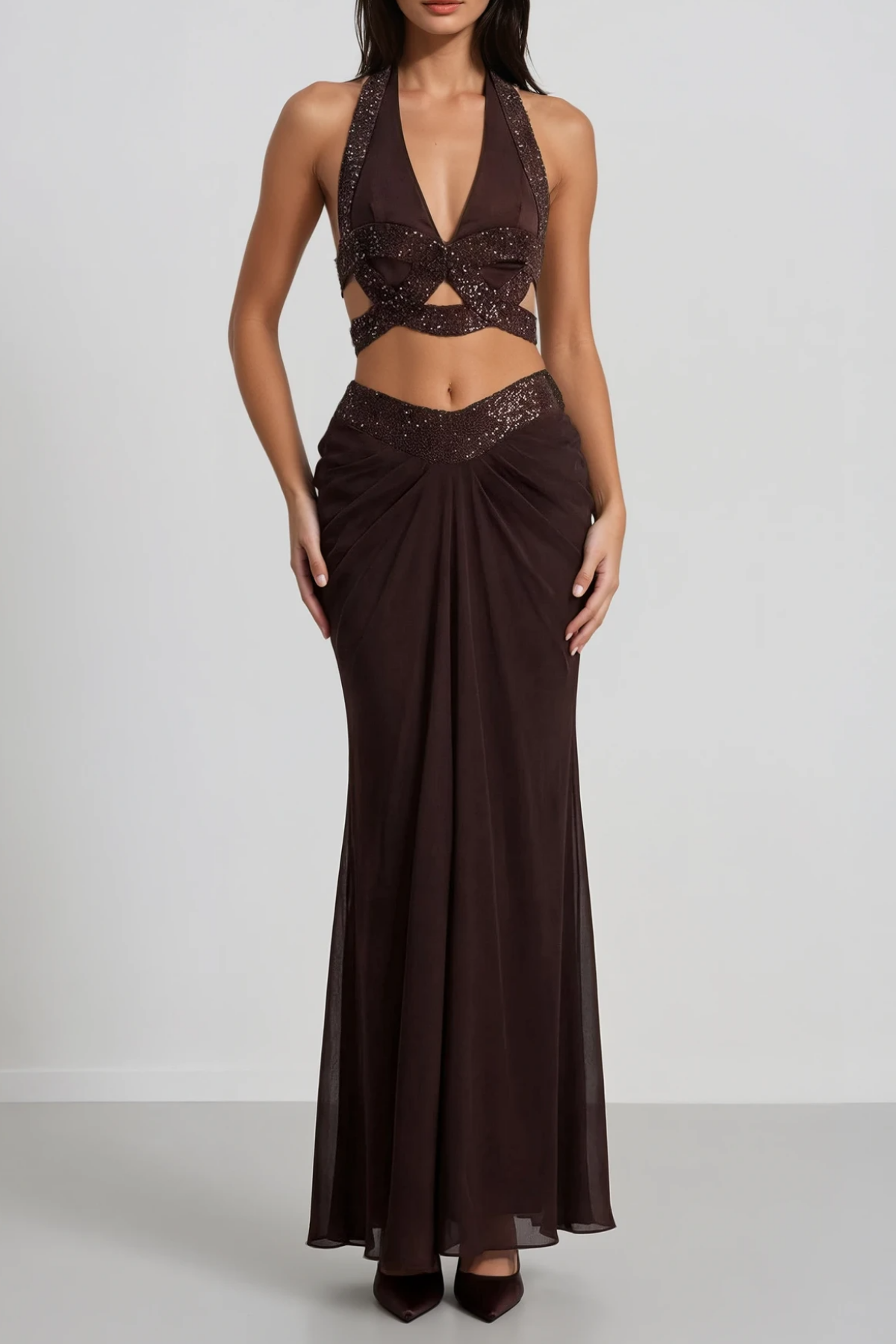 Fida Halter Neck Draped Skirt Set
