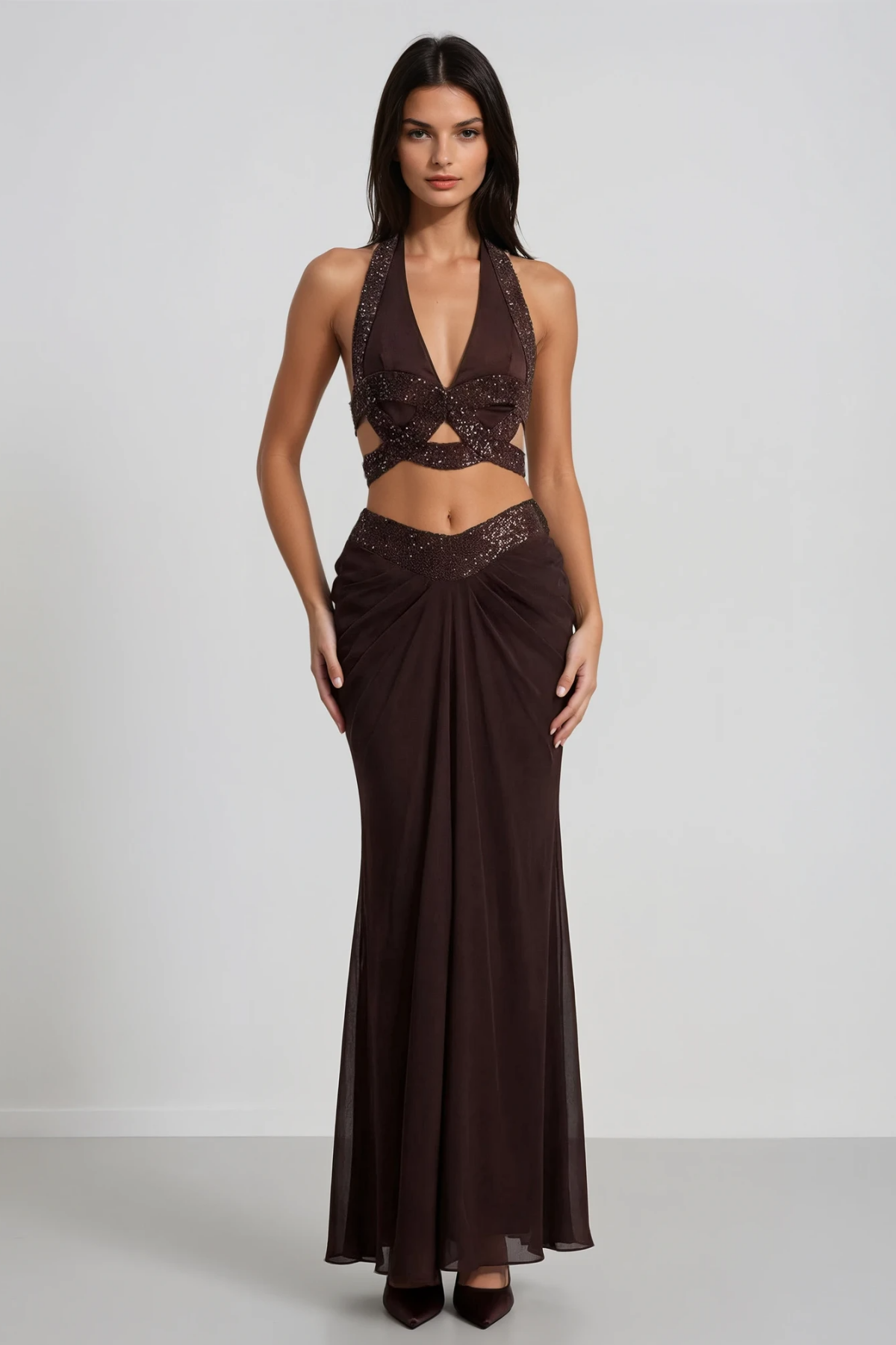 Fida Halter Neck Draped Skirt Set