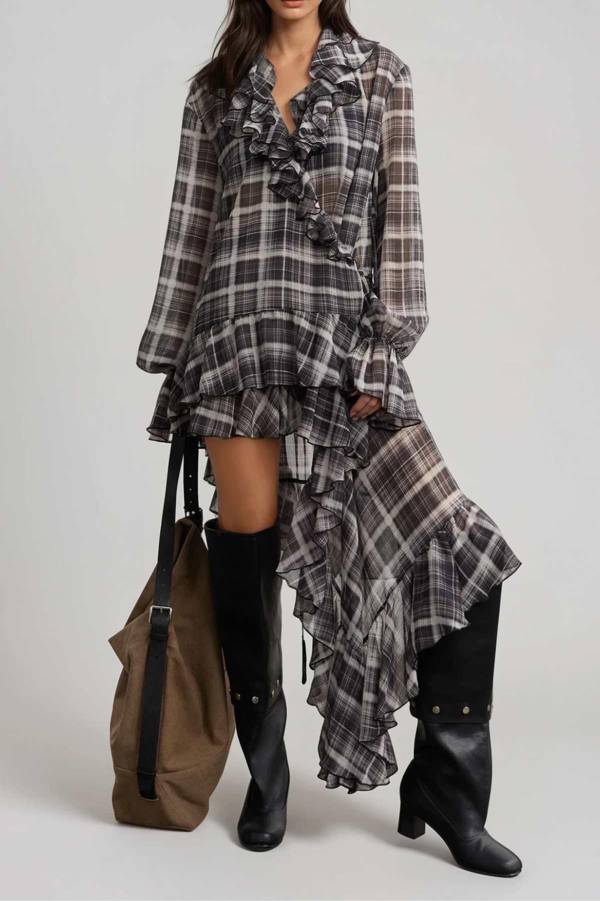 Filib Asymmetric Grid Ruffle Mini Dress