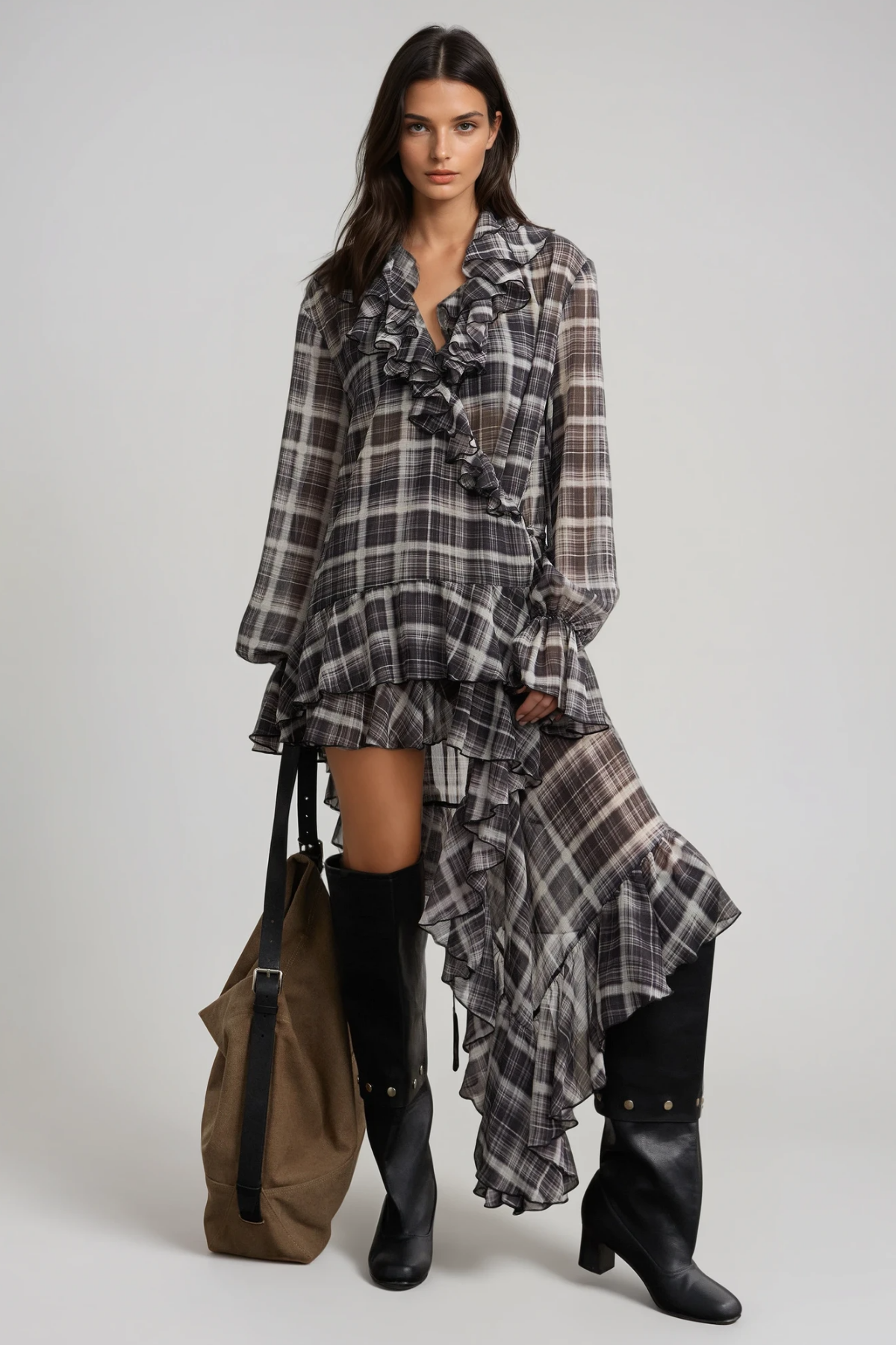 Filib Asymmetric Grid Ruffle Mini Dress