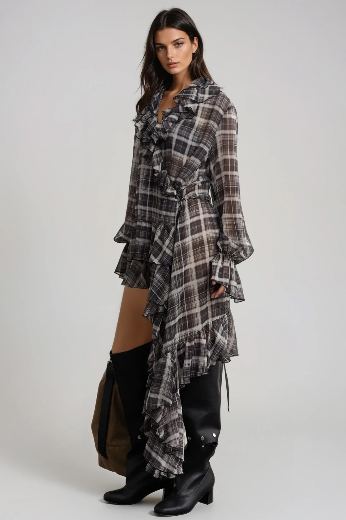 Filib Asymmetric Grid Ruffle Mini Dress