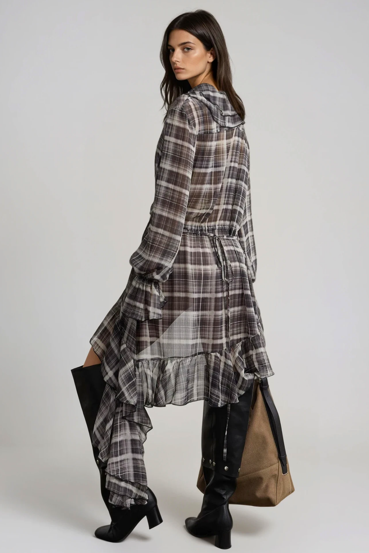 Filib Asymmetric Grid Ruffle Mini Dress