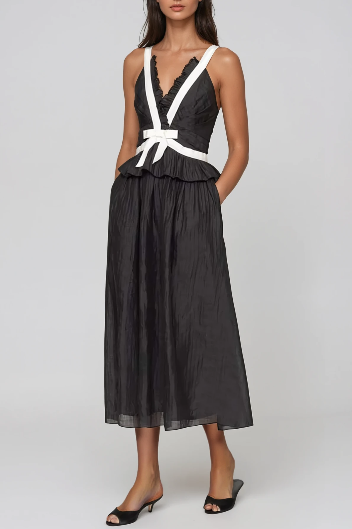 Filipp V Neck Bow Midi Dress In Black