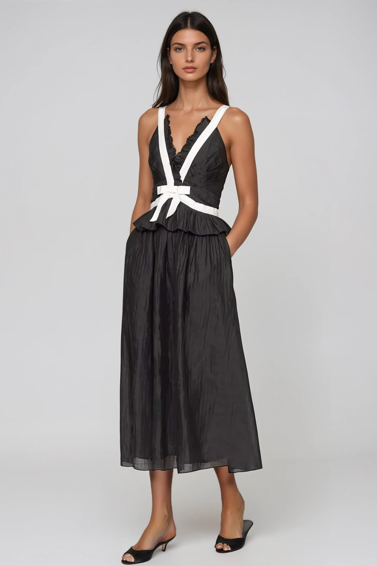 Filipp V Neck Bow Midi Dress In Black