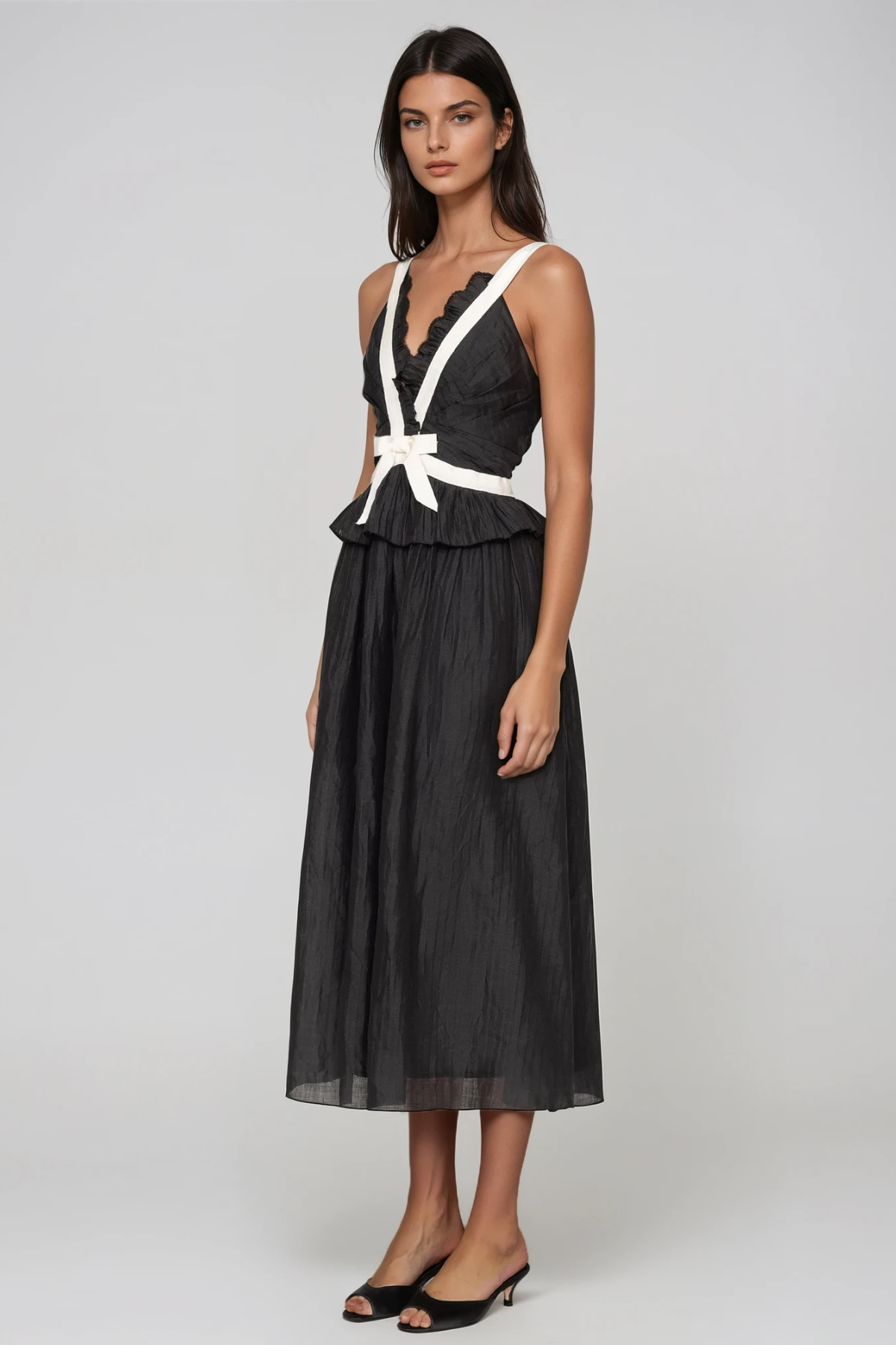 Filipp V Neck Bow Midi Dress In Black