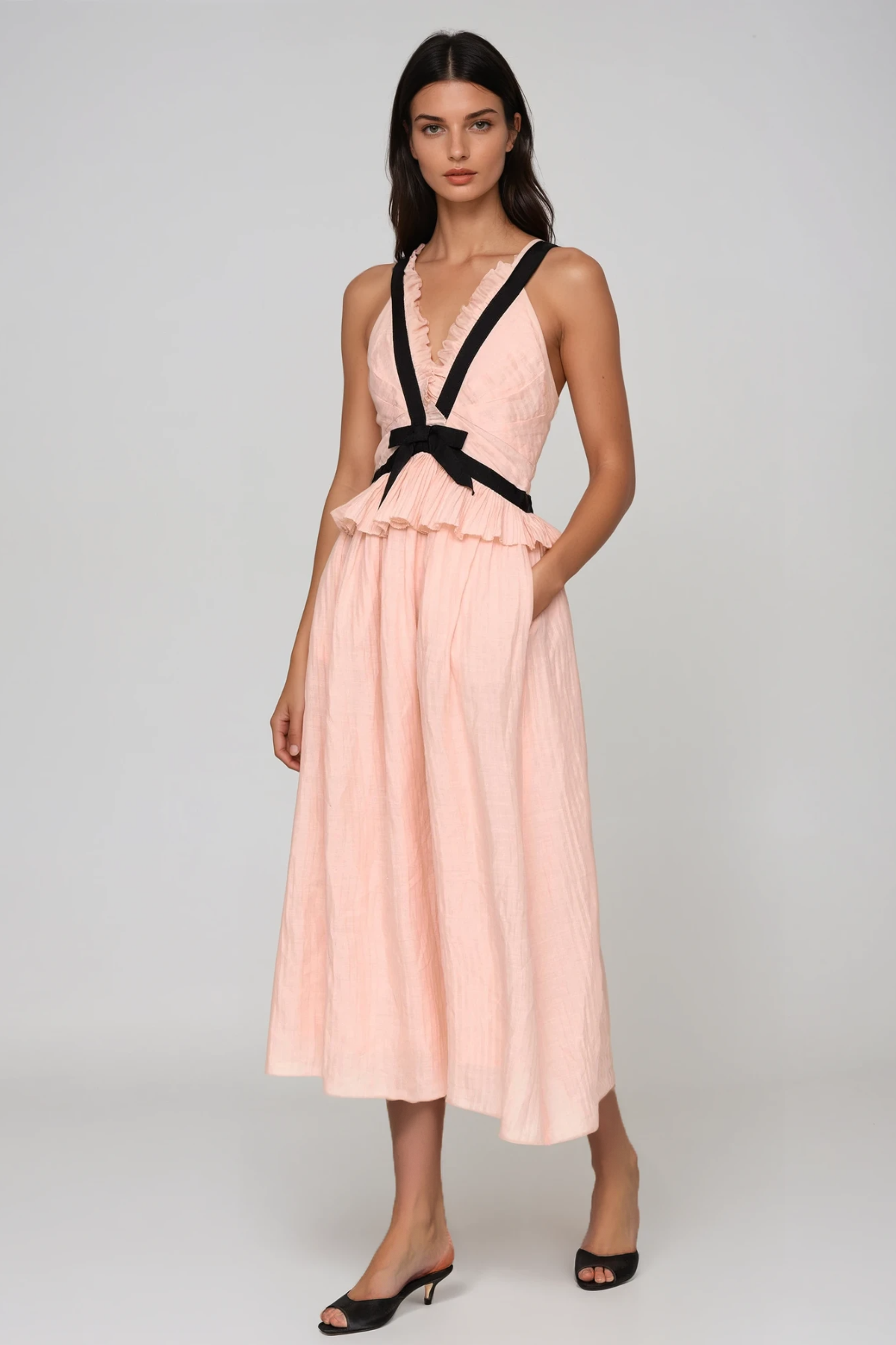 Filipp V Neck Bow Midi Dress In Pink