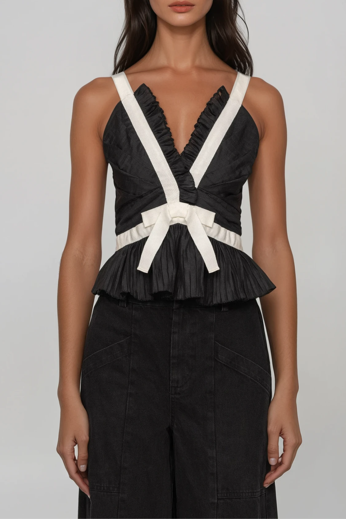 Filipp V Neck Bow Top In Black