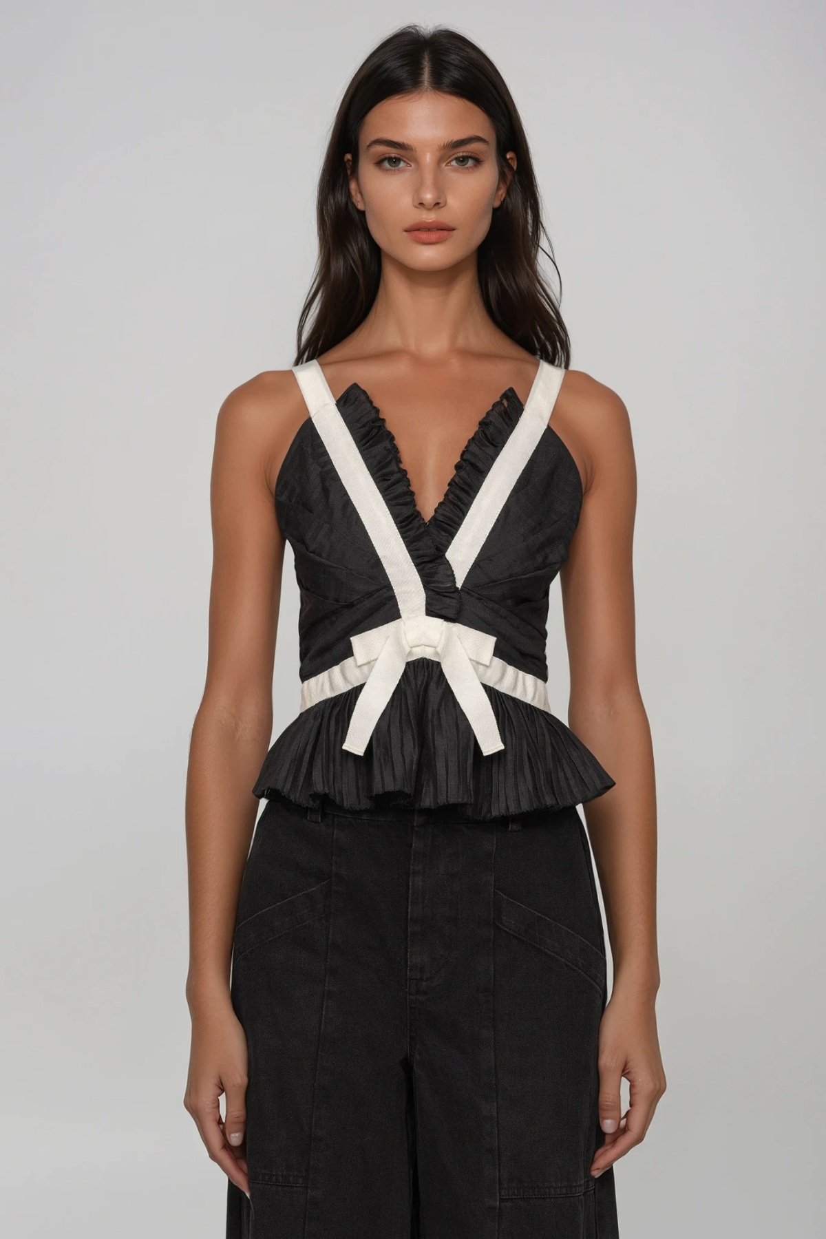 Filipp V Neck Bow Top In Black