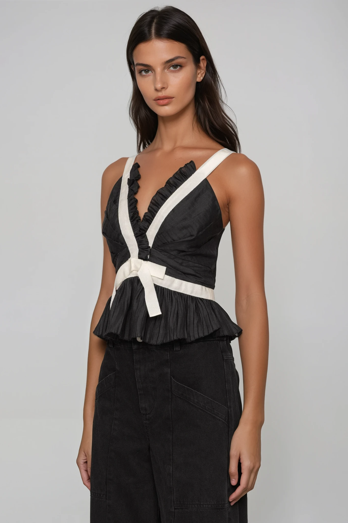 Filipp V Neck Bow Top In Black
