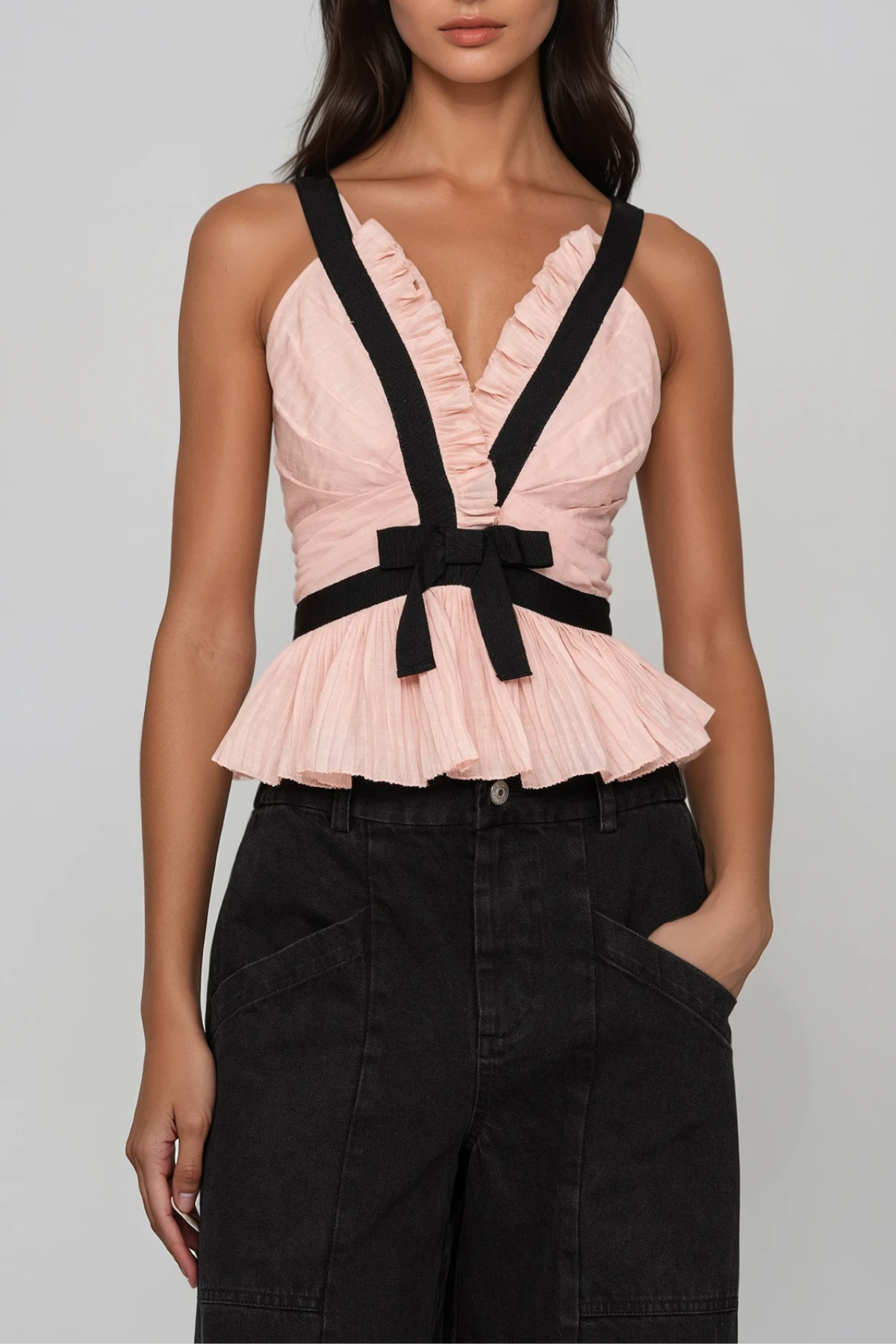 Filipp V Neck Bow Top In Pink