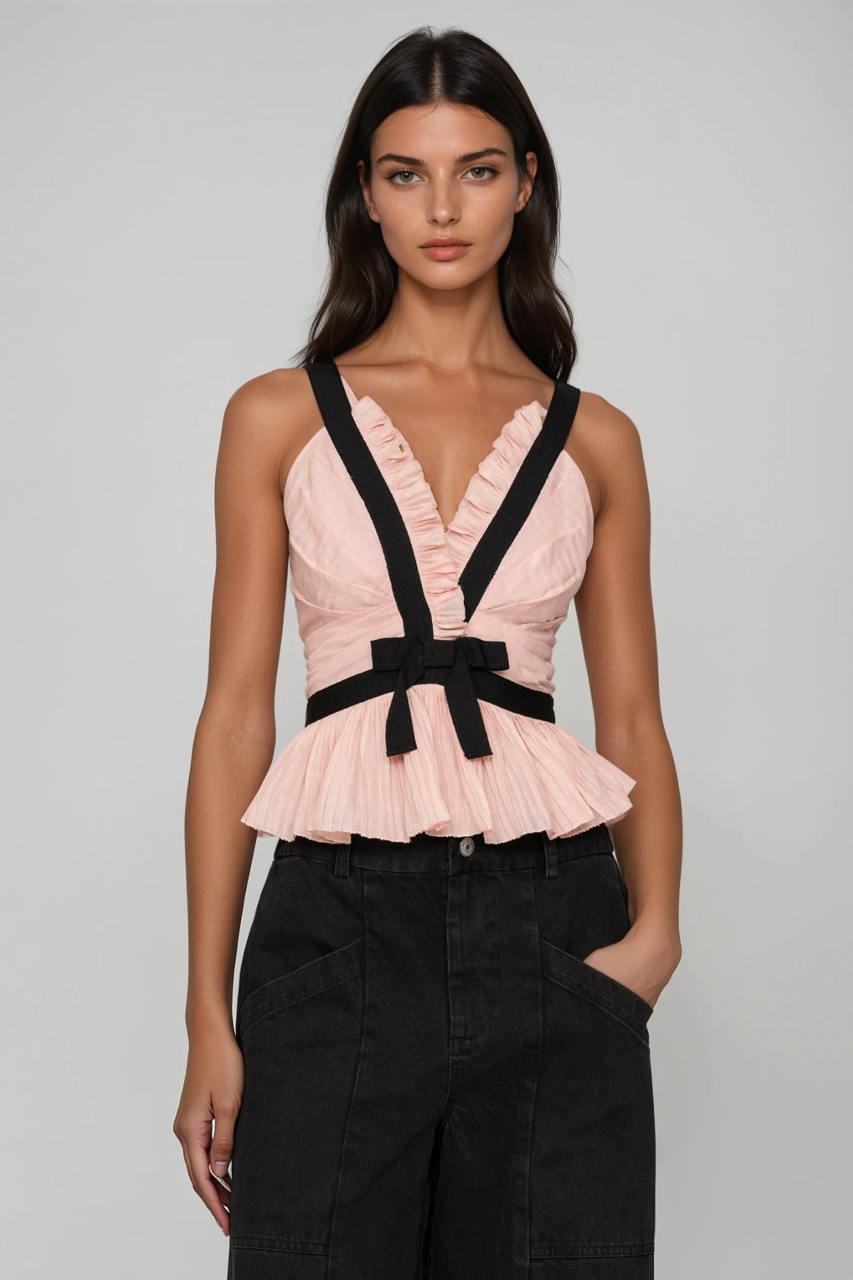 Filipp V Neck Bow Top In Pink