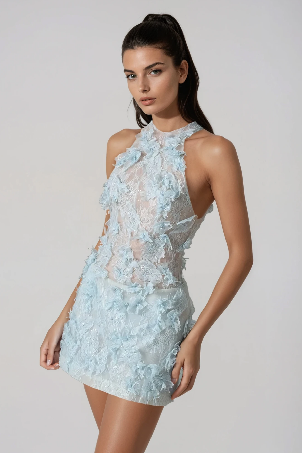 Filippa Flower Lace Mini Dress In Blue