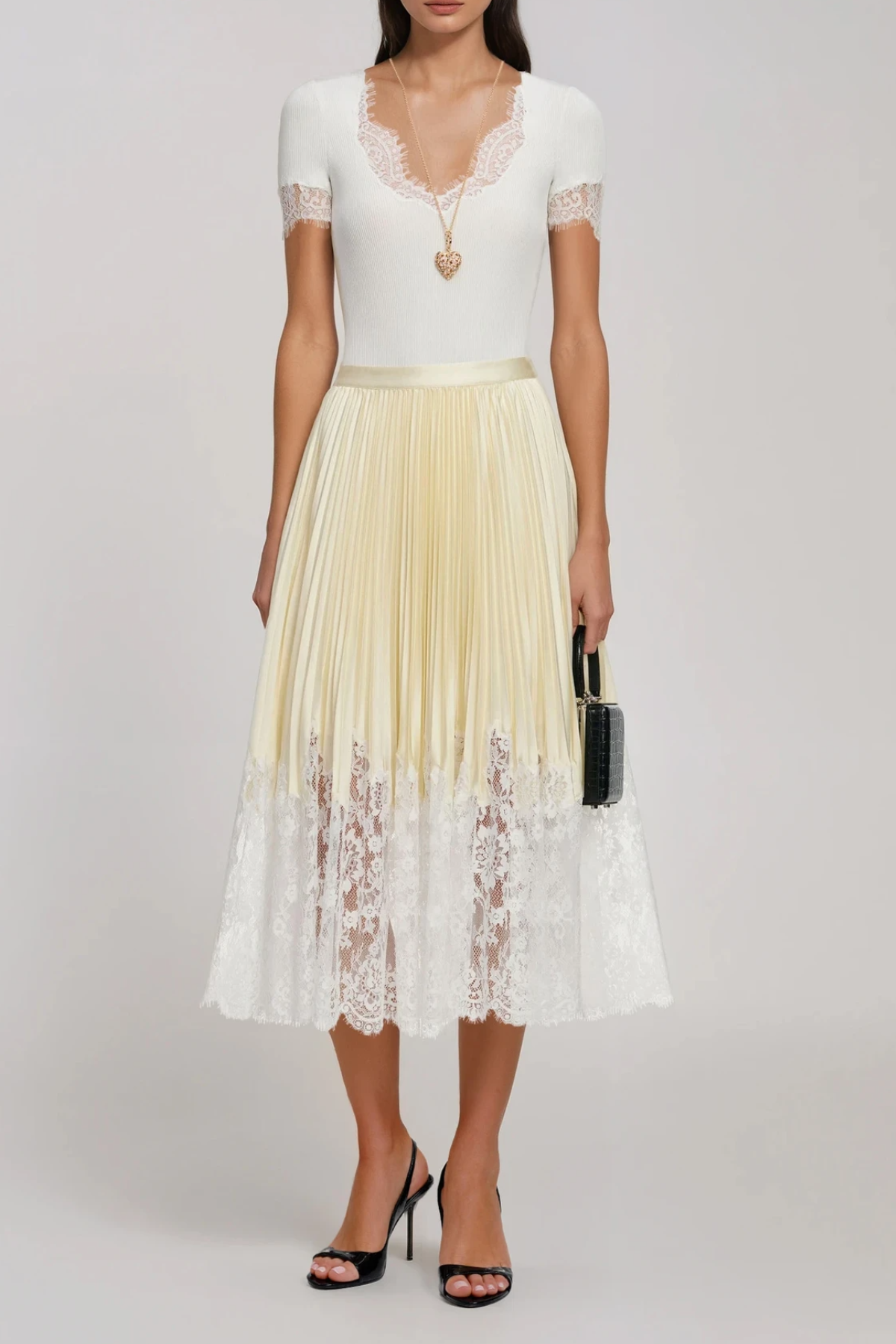 Finnr Lace Pleated Midi Skirt