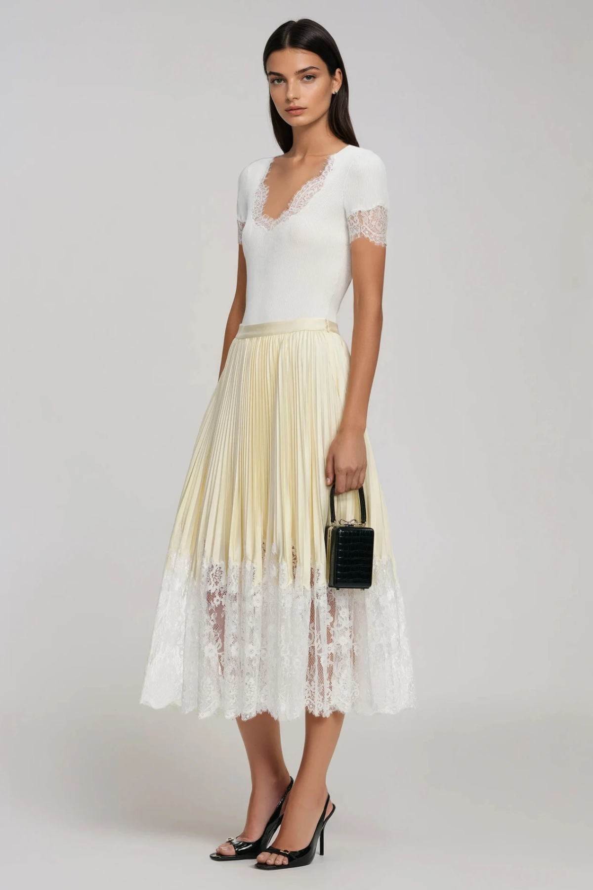 Finnr Lace Pleated Midi Skirt