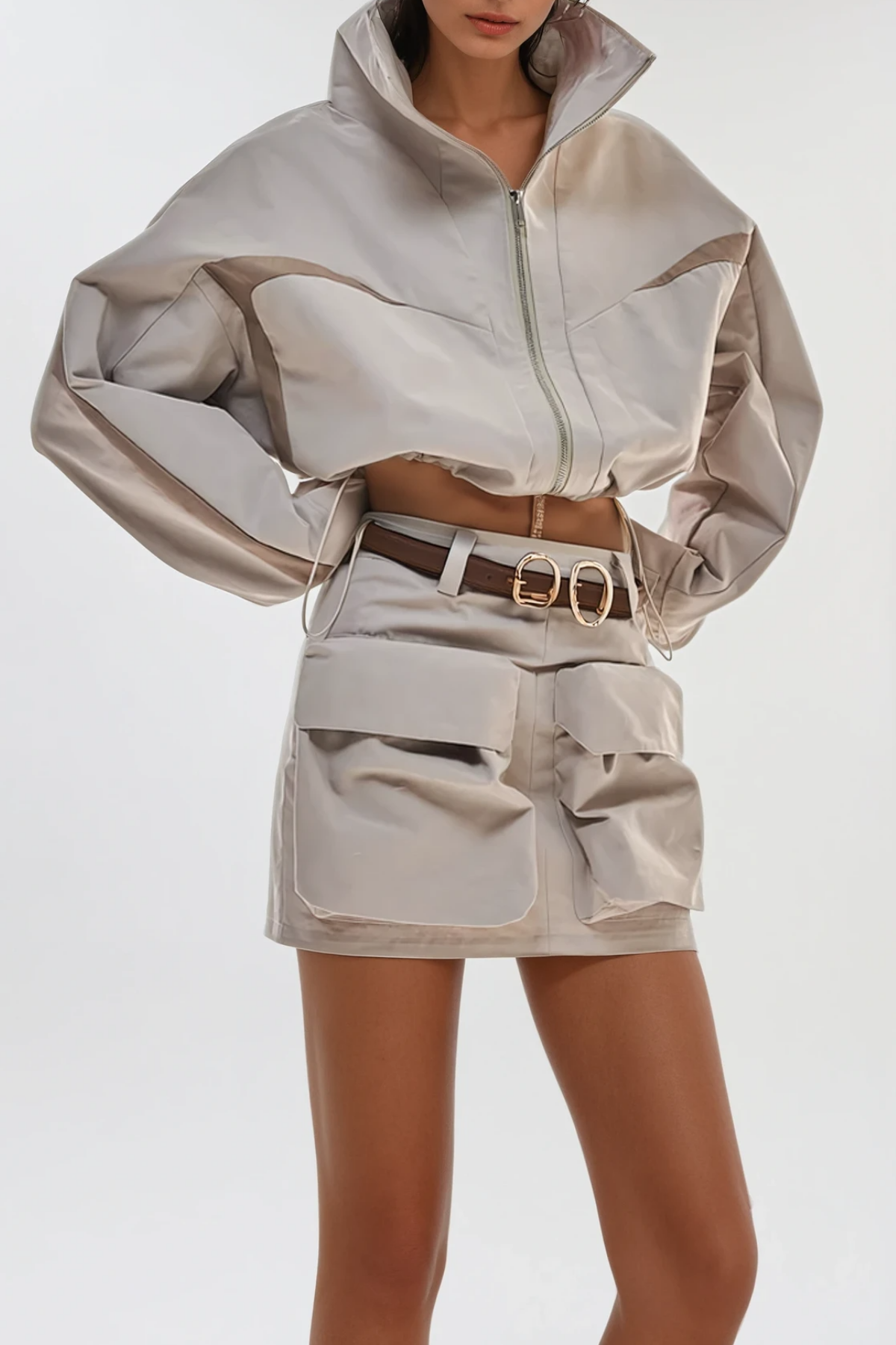 Fintan Crop Funnel Neck Skirt Set In Khaki
