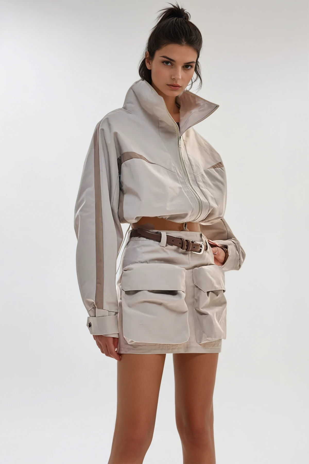 Fintan Crop Funnel Neck Skirt Set In Khaki