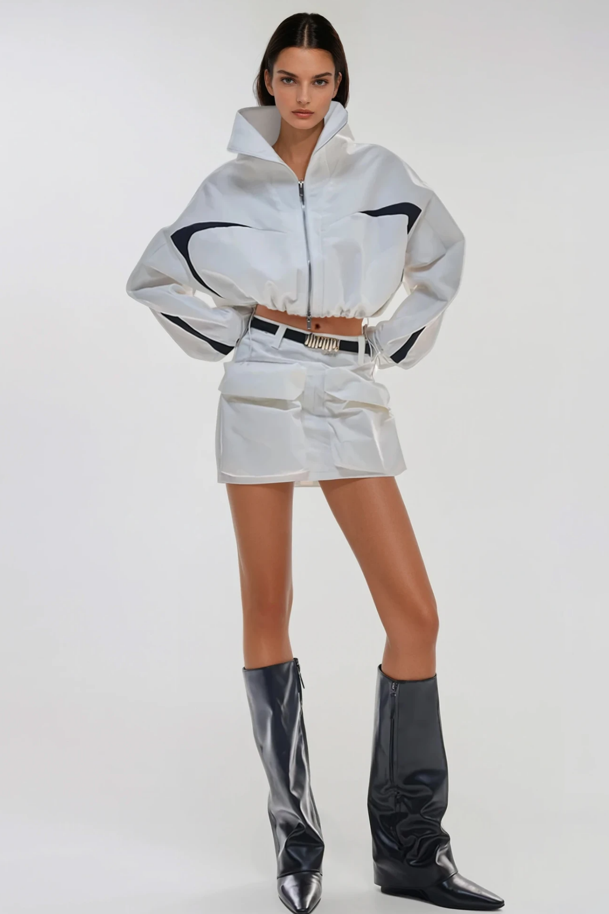 Fintan Crop Funnel Neck Skirt Set In White