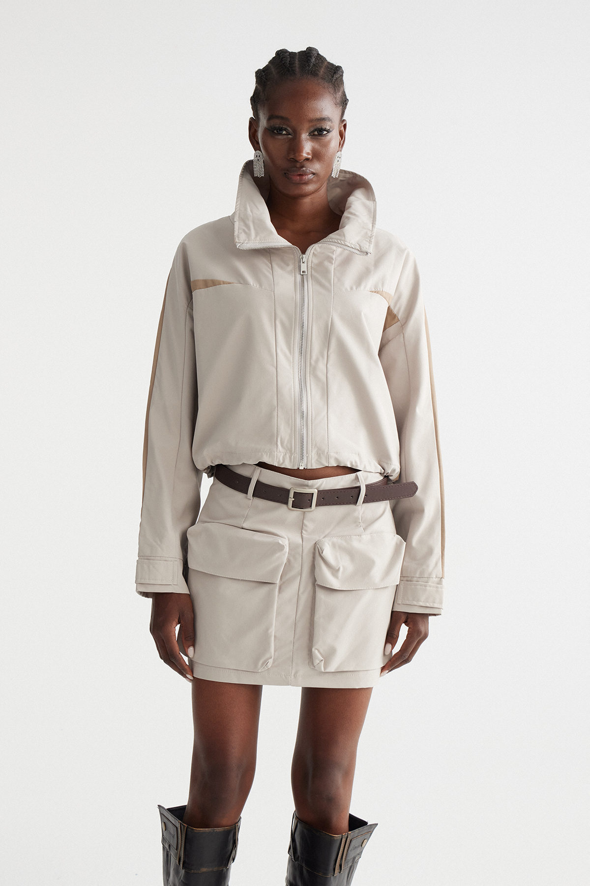 Fintan Crop Harrington Skirt Set In Khaki