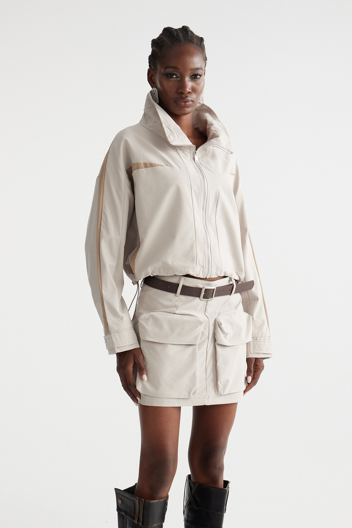 Fintan Crop Harrington Skirt Set In Khaki