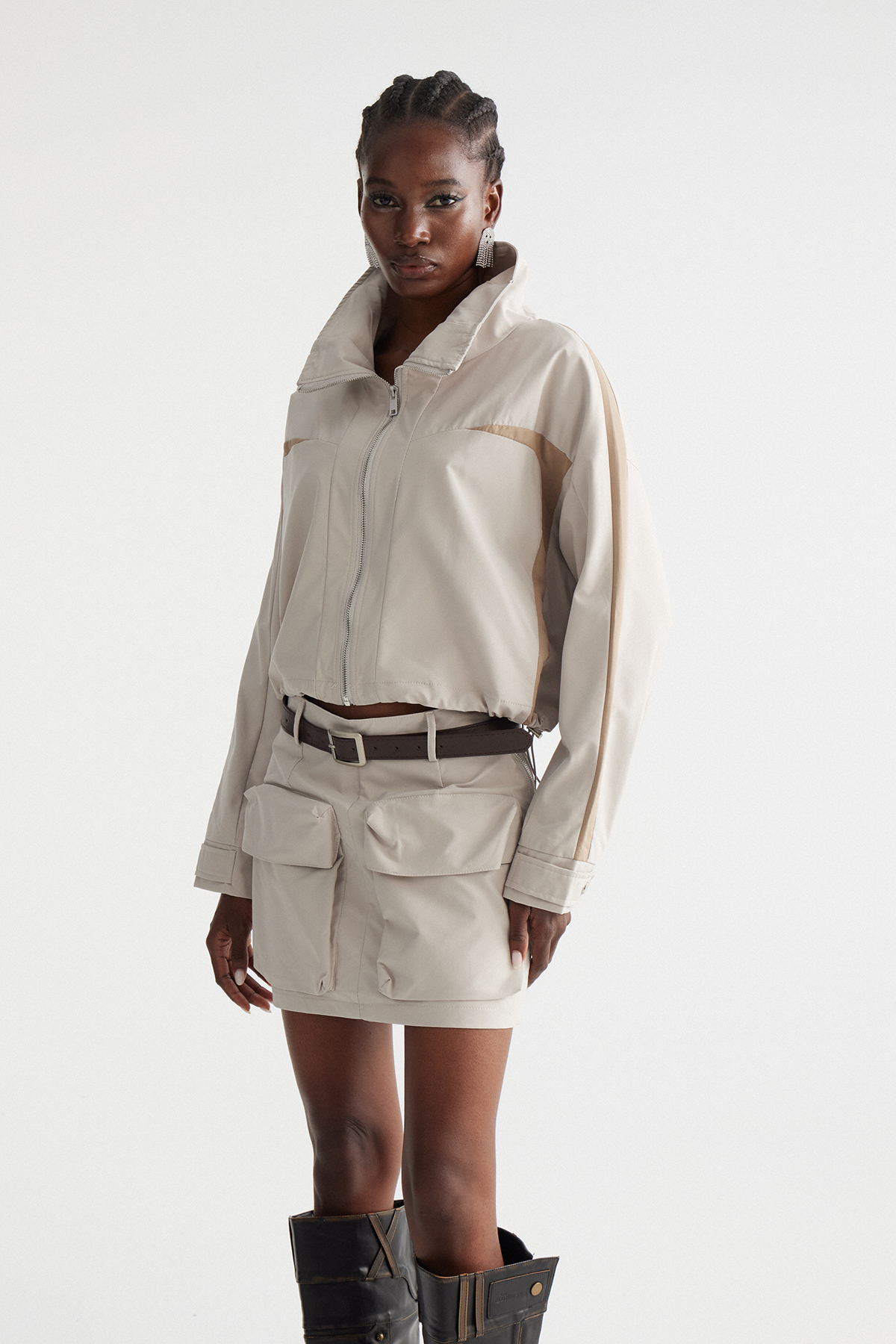 Fintan Crop Harrington Skirt Set In Khaki
