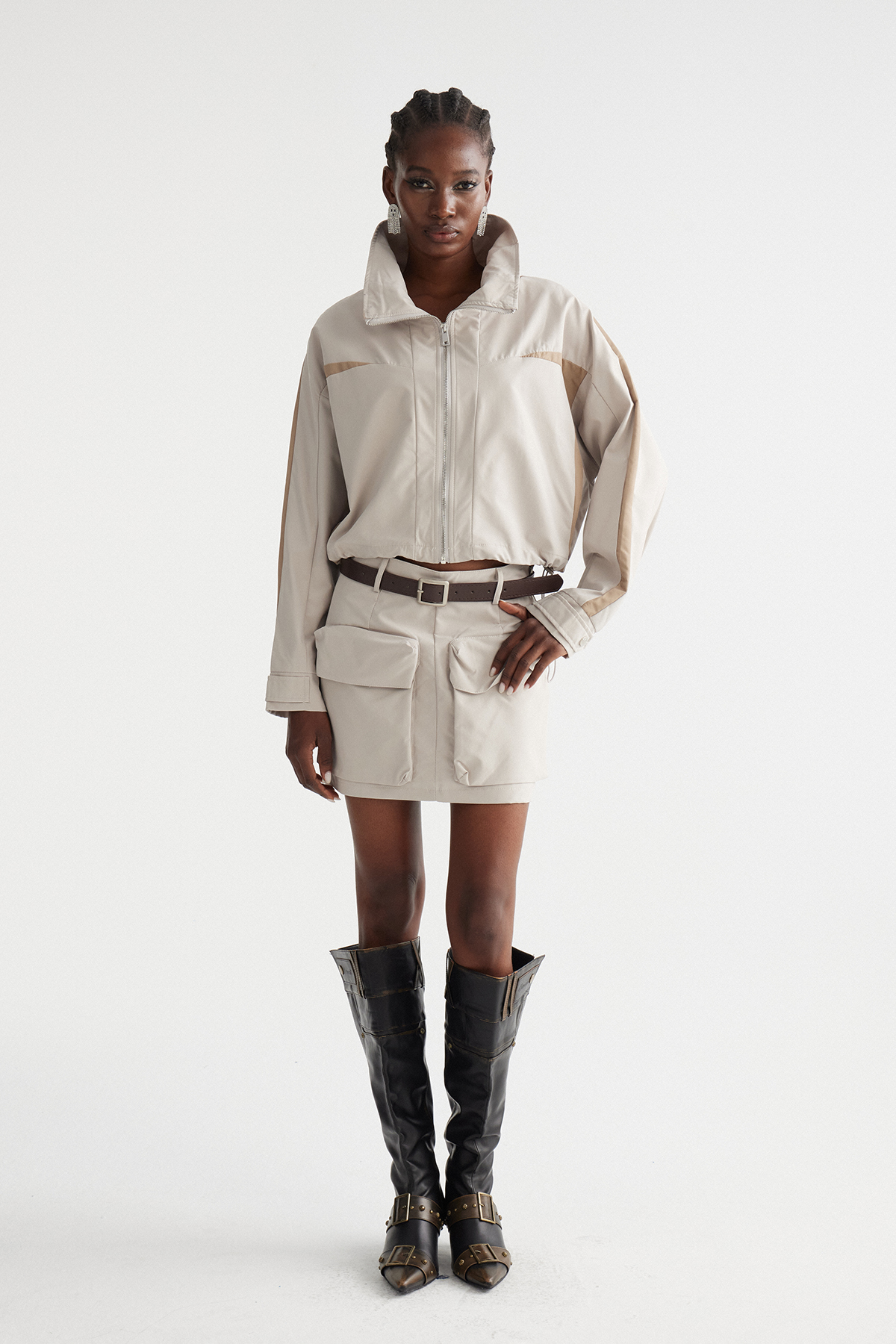 Fintan Crop Harrington Skirt Set In Khaki