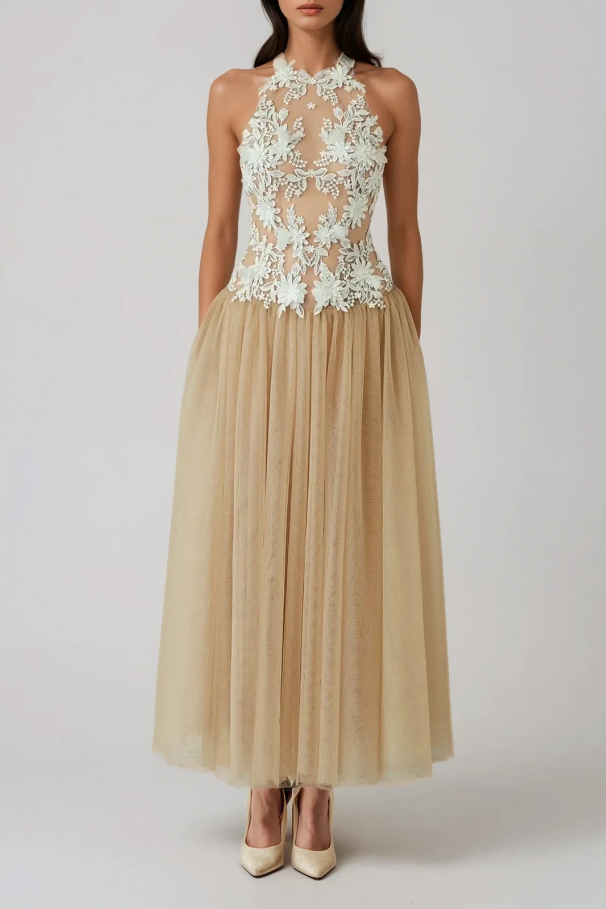 Fionnghal Sleeveless Flower Mesh Maxi Dress