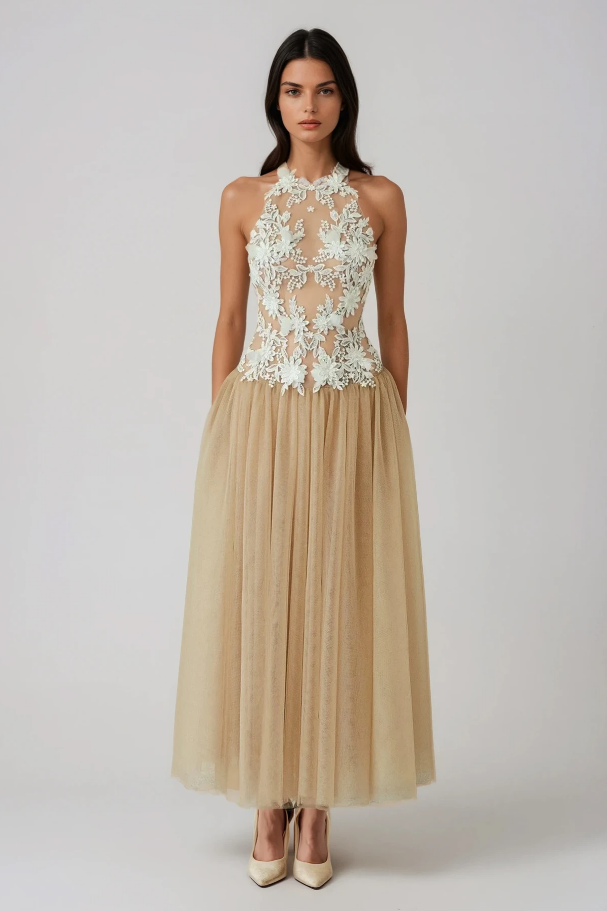 Fionnghal Sleeveless Flower Mesh Maxi Dress