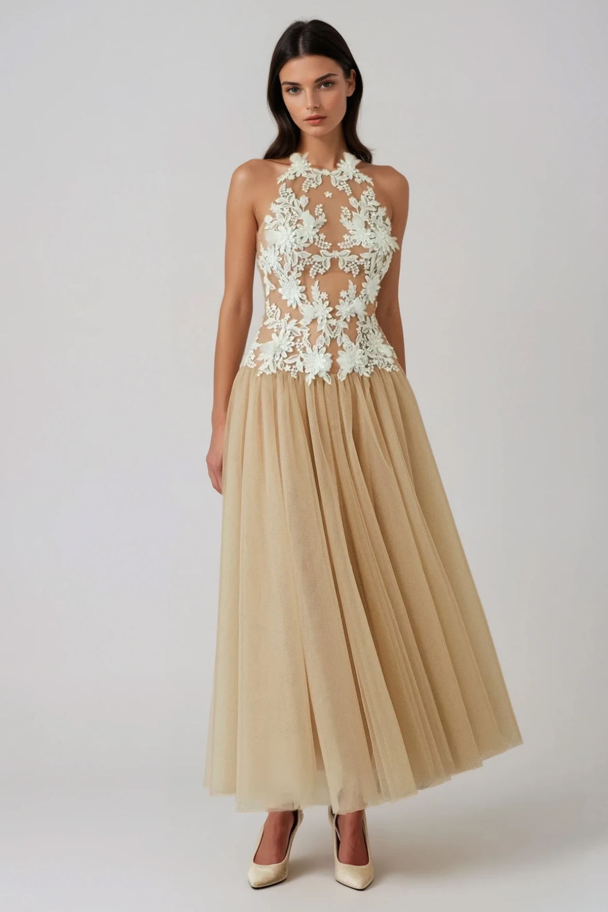 Fionnghal Sleeveless Flower Mesh Maxi Dress