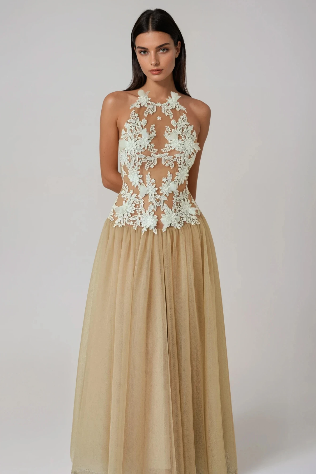 Fionnghal Sleeveless Flower Mesh Maxi Dress