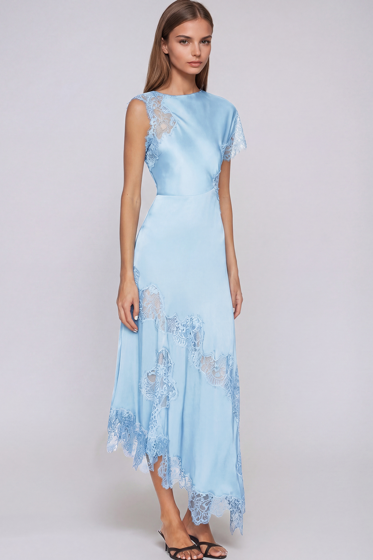 Firdaus Asymmetric Lace Maxi Dress In Blue