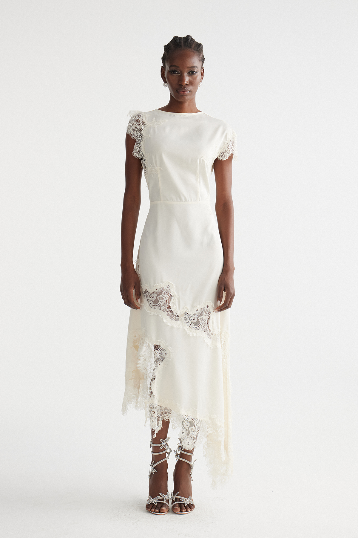 Firdaus Asymmetric Lace Maxi Dress In Apricot
