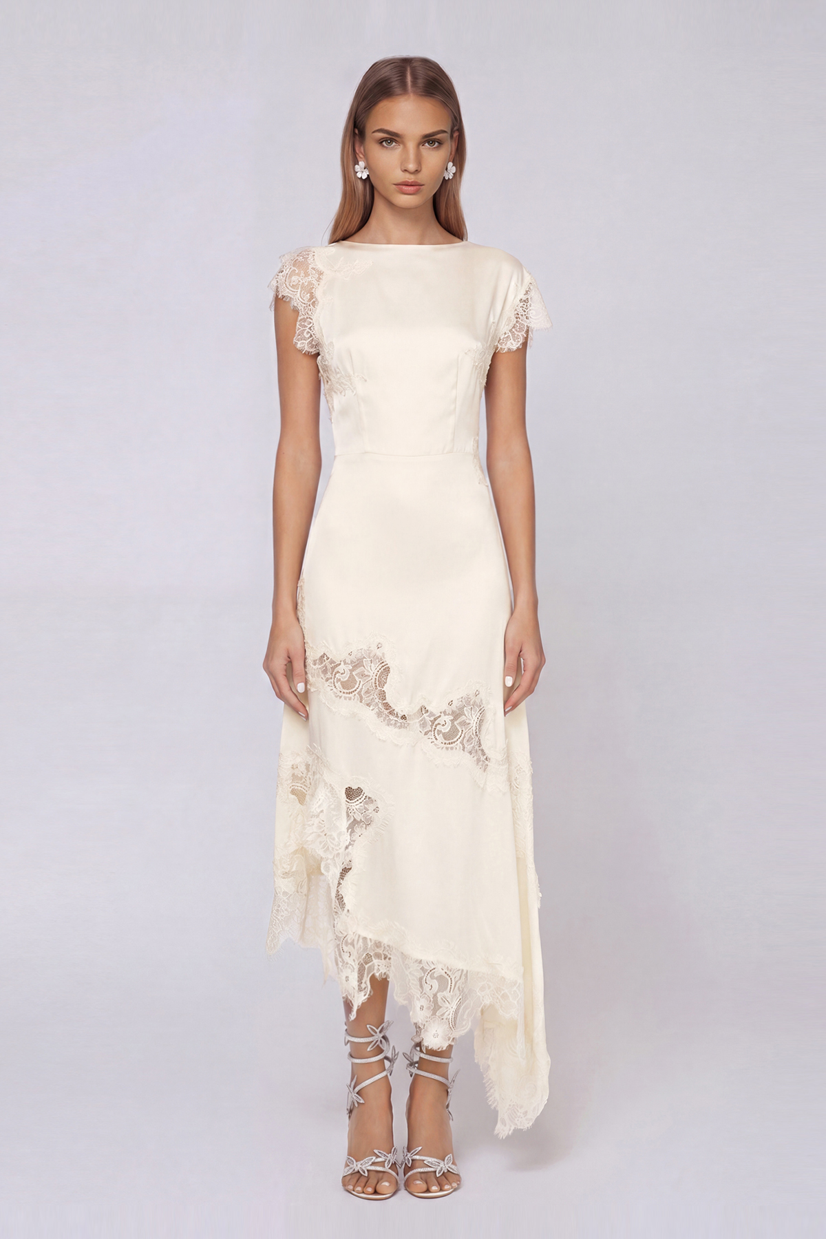 Firdaus Asymmetric Lace Maxi Dress In Apricot