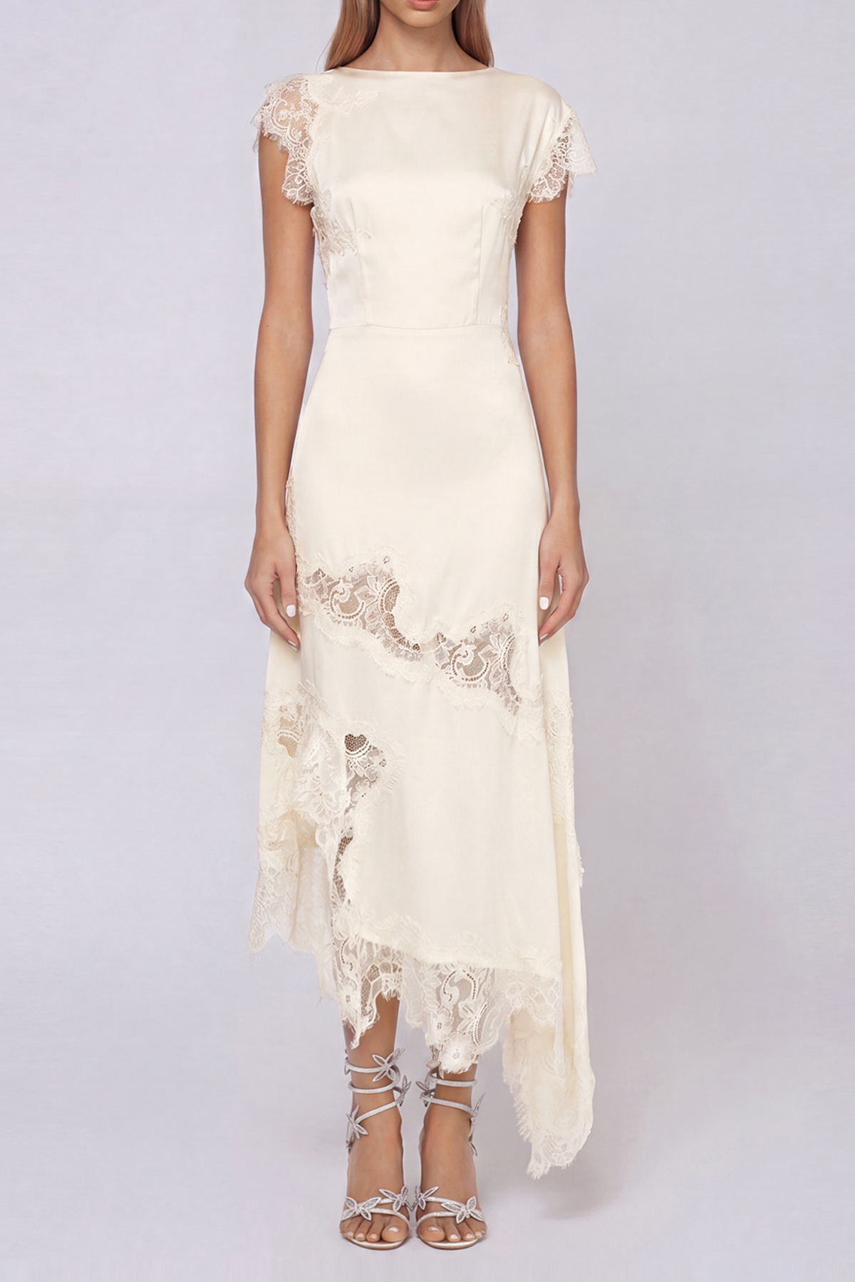 Firdaus Asymmetric Lace Maxi Dress In Apricot