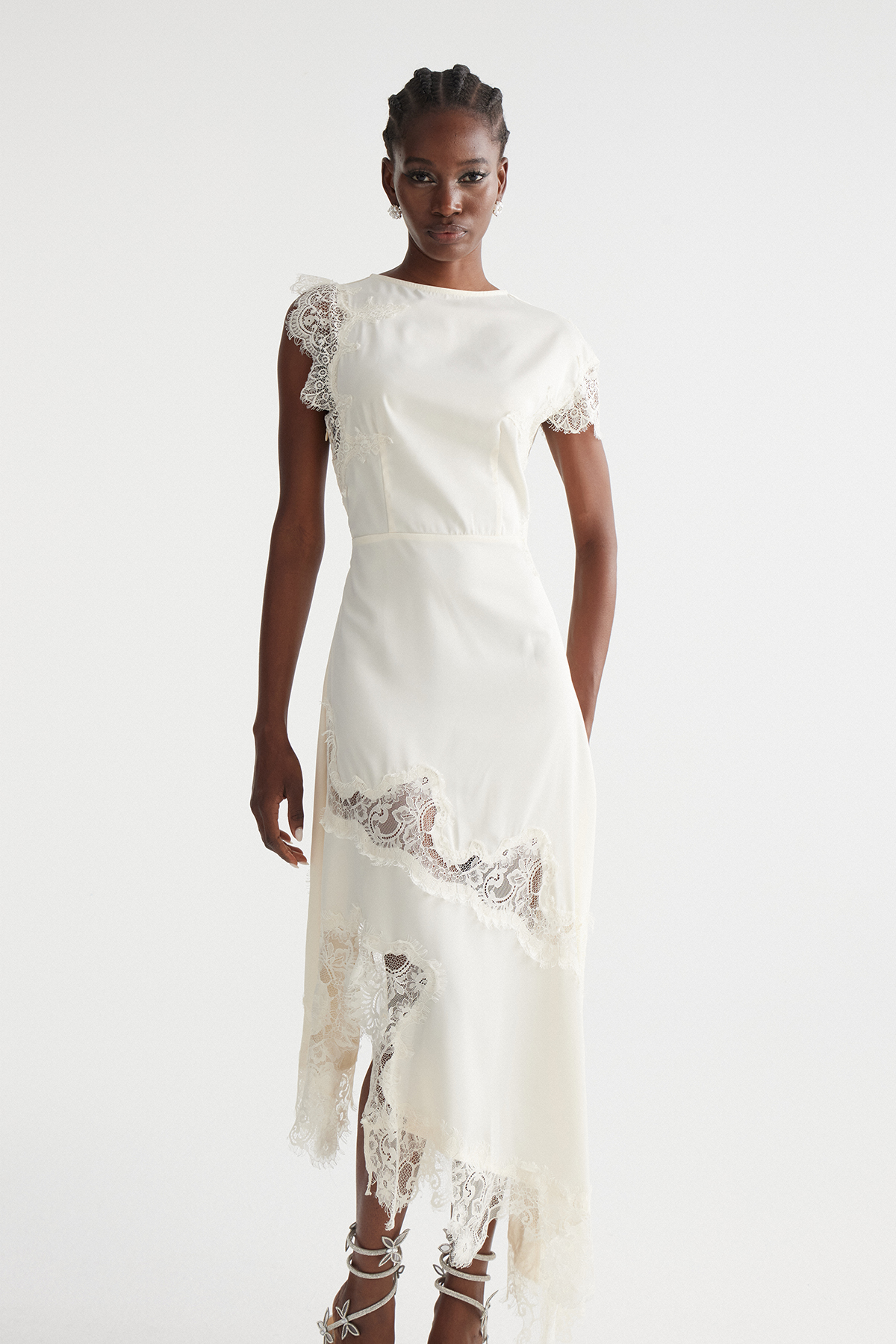 Firdaus Asymmetric Lace Maxi Dress In Apricot