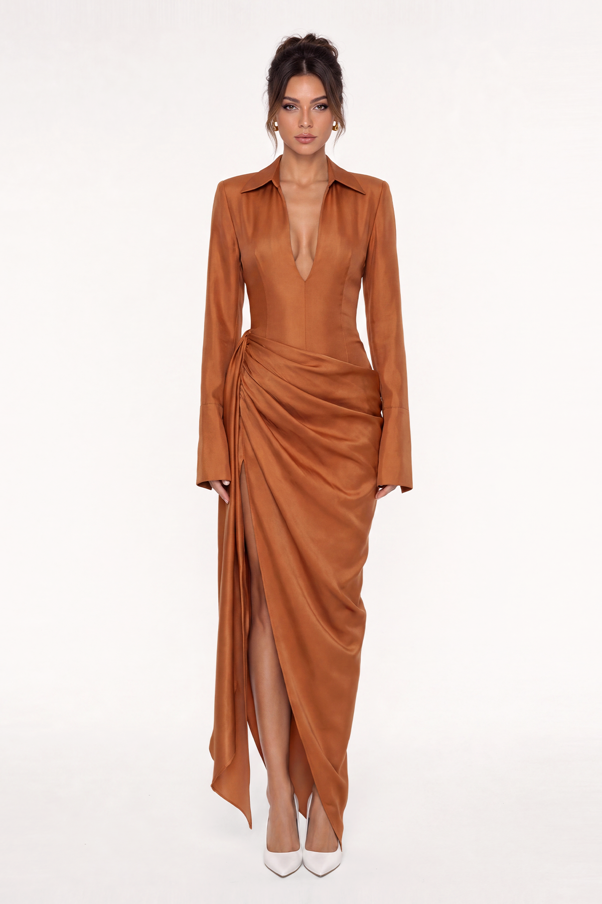 Firdausi Asymmetric Draped Maxi Shirt Dress In Orange