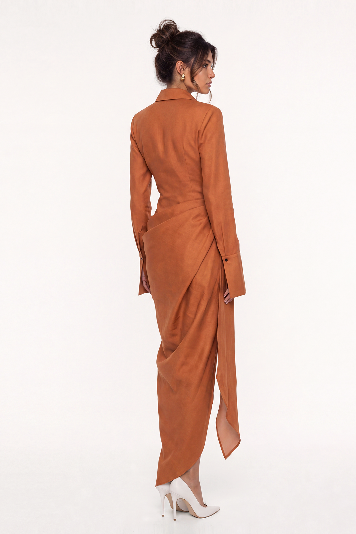 Firdausi Asymmetric Draped Maxi Shirt Dress In Orange