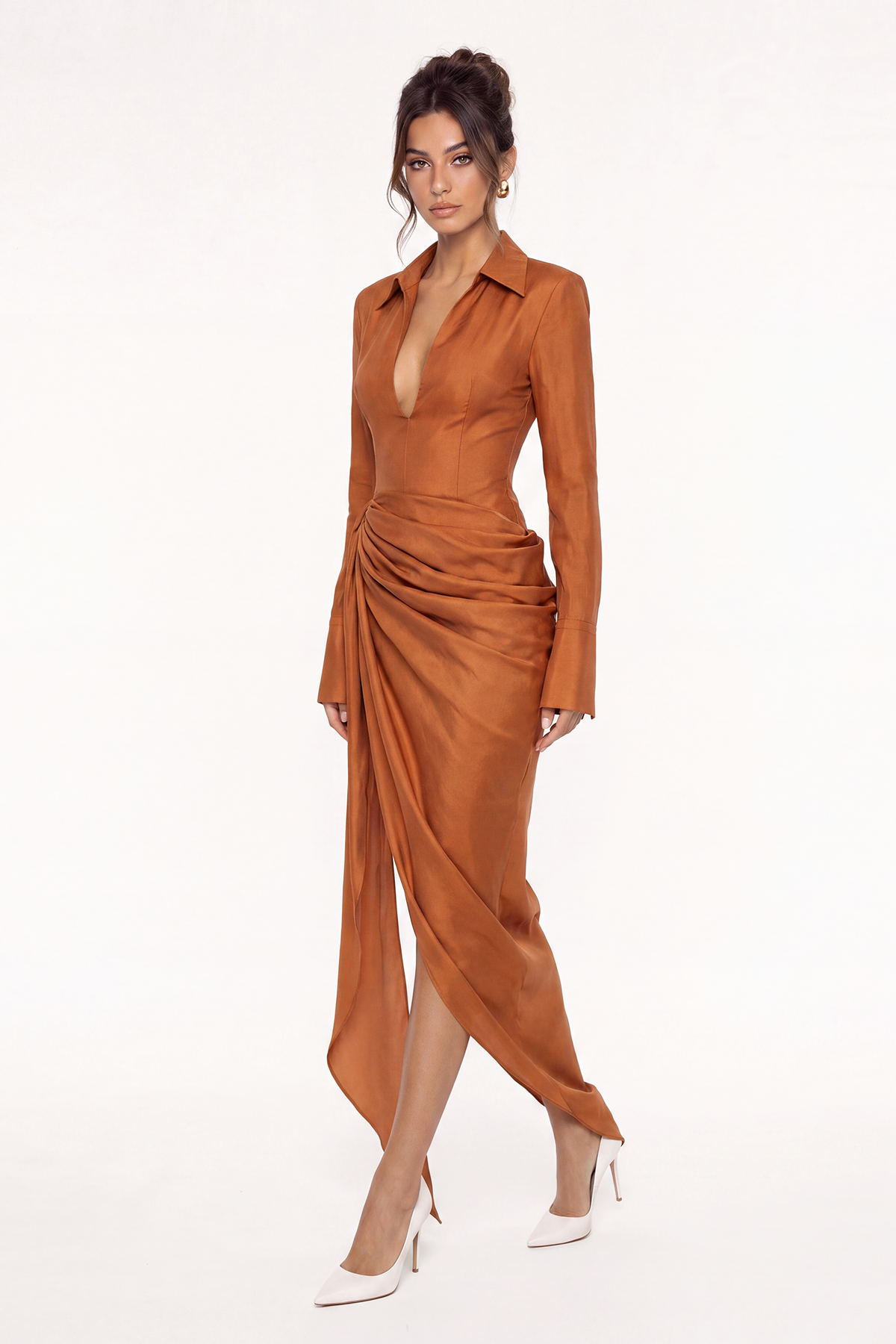 Firdausi Asymmetric Draped Maxi Shirt Dress In Orange