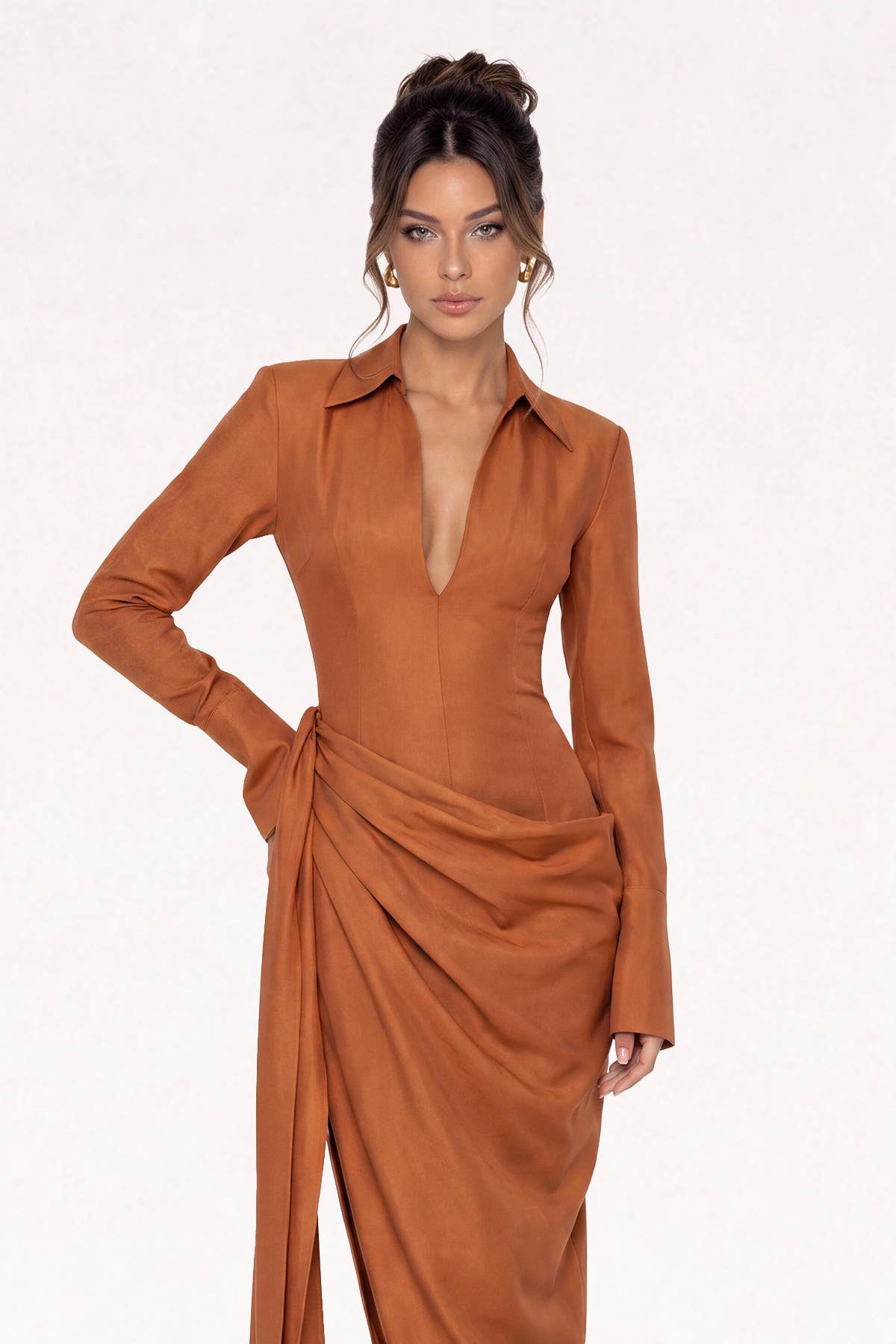 Firdausi Asymmetric Draped Maxi Shirt Dress In Orange