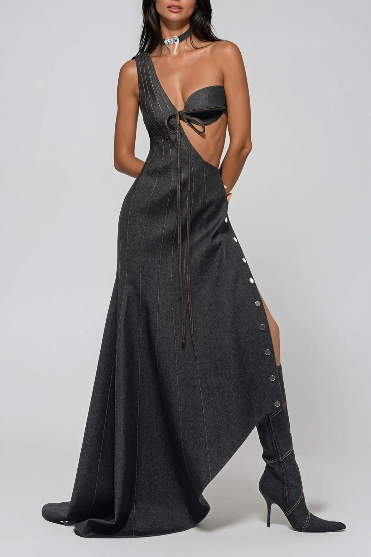 Firdavs One Shoulder Denim Deconstruct Maxi Dress