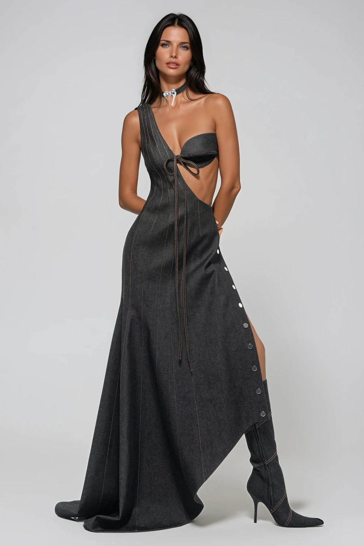 Firdavs One Shoulder Denim Deconstruct Maxi Dress