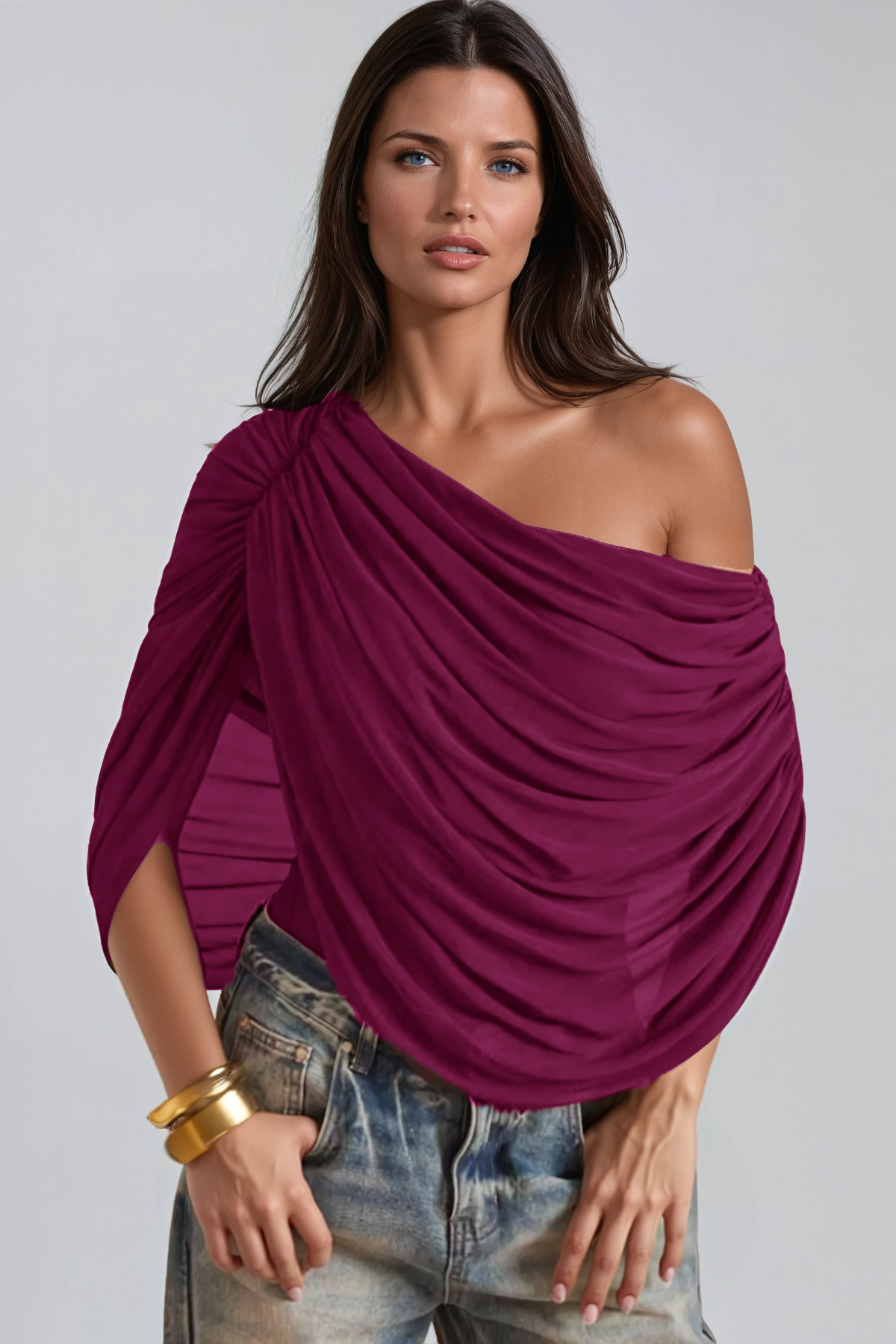 Firdos Draped Mesh Bodysuit In Wine