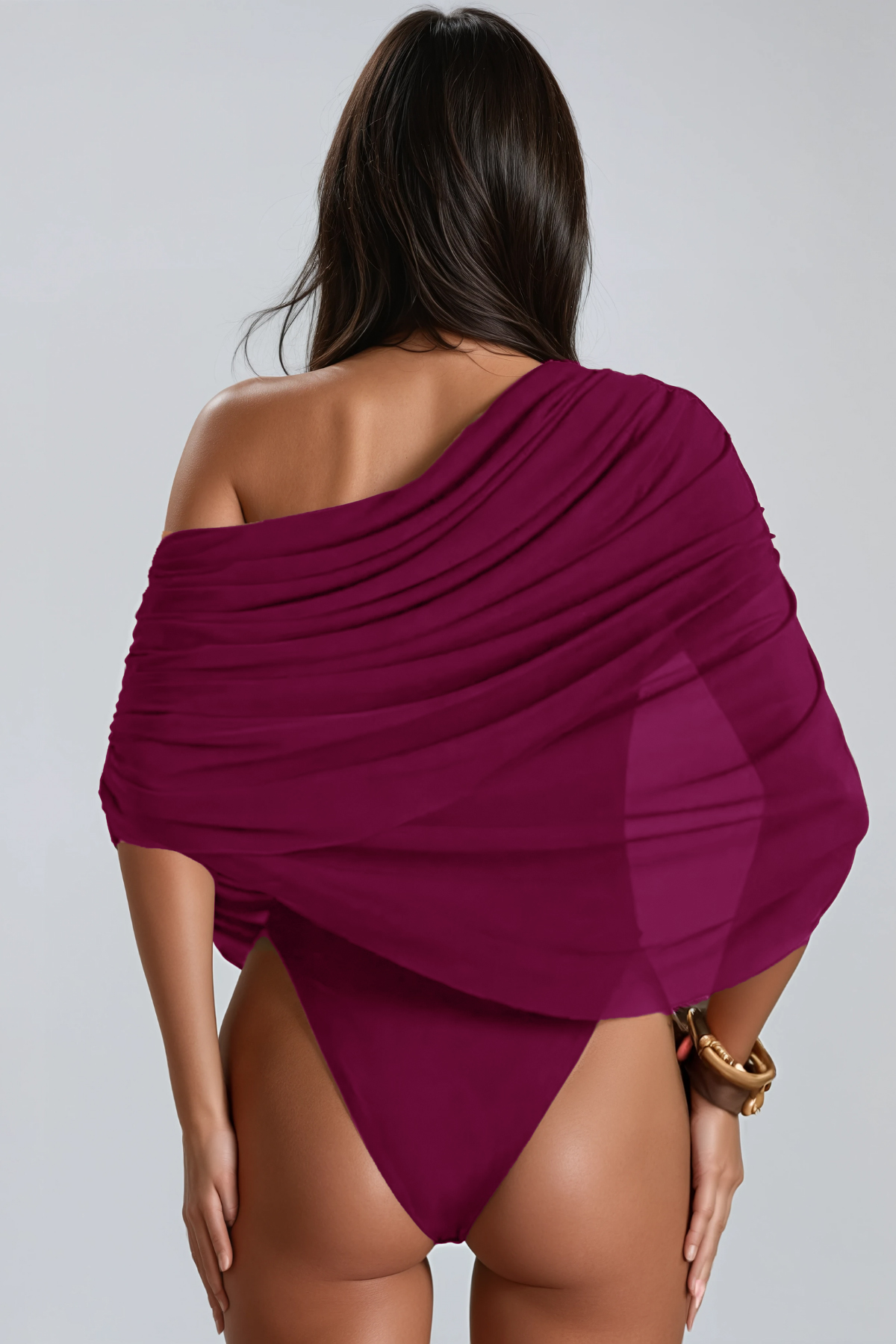 Firdos Draped Mesh Bodysuit In Wine