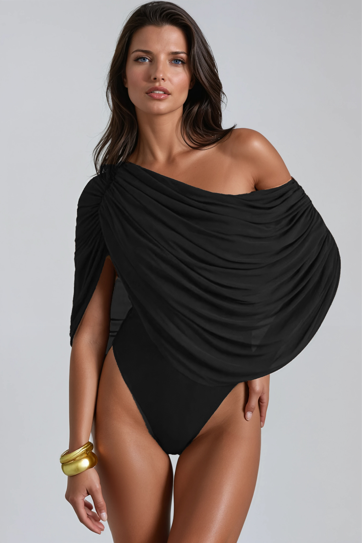 Firdos Draped Mesh Bodysuit In Black