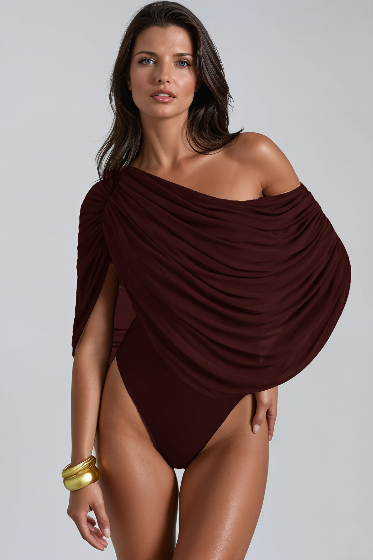 Firdos Draped Mesh Bodysuit In Wine
