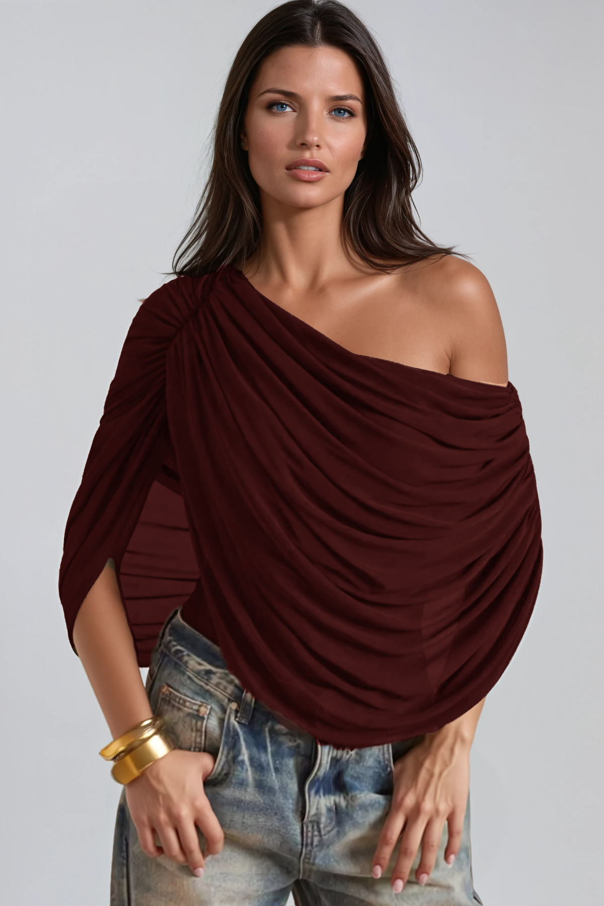 Firdos Draped Mesh Bodysuit In Wine