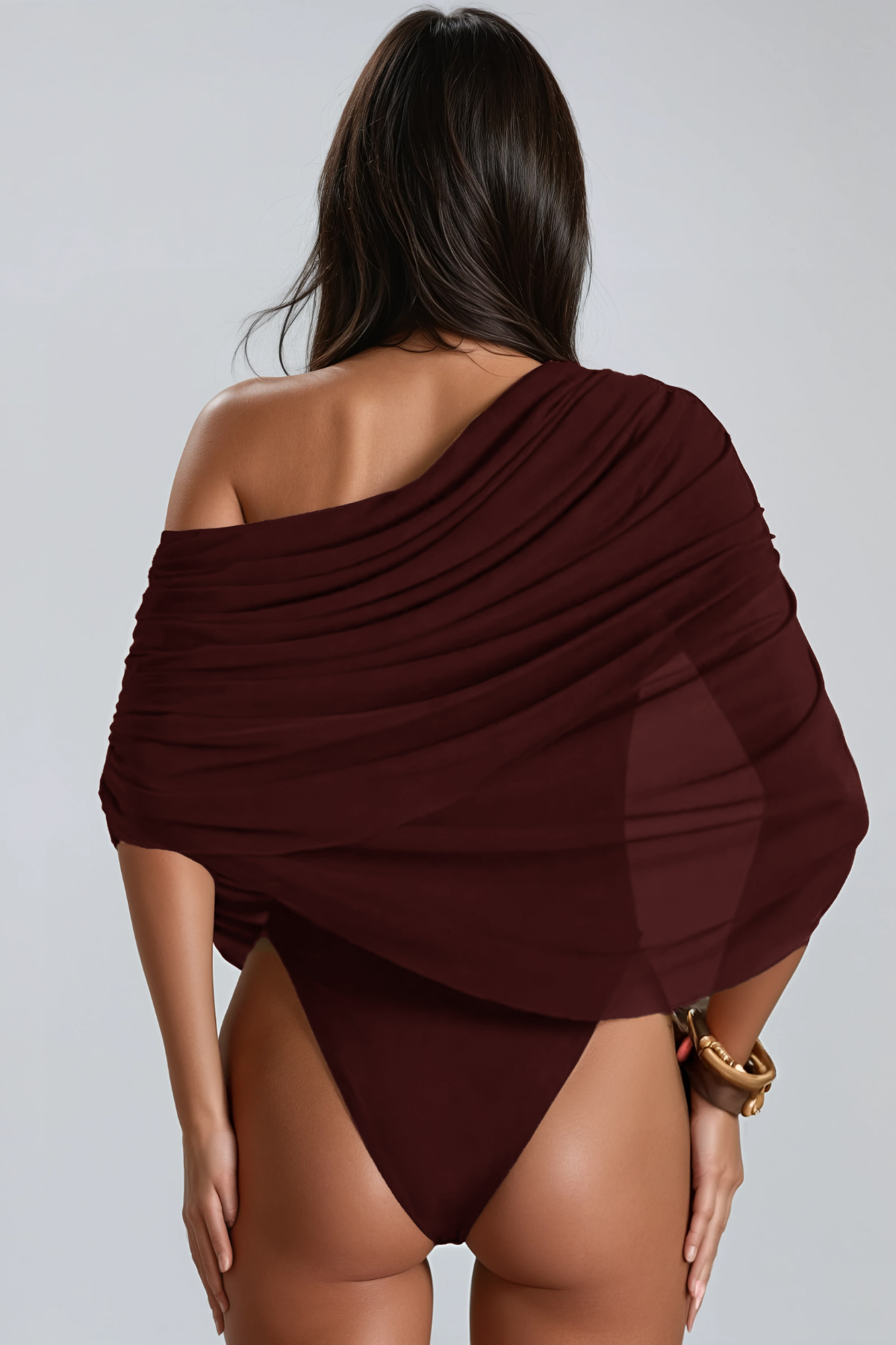 Firdos Draped Mesh Bodysuit In Wine